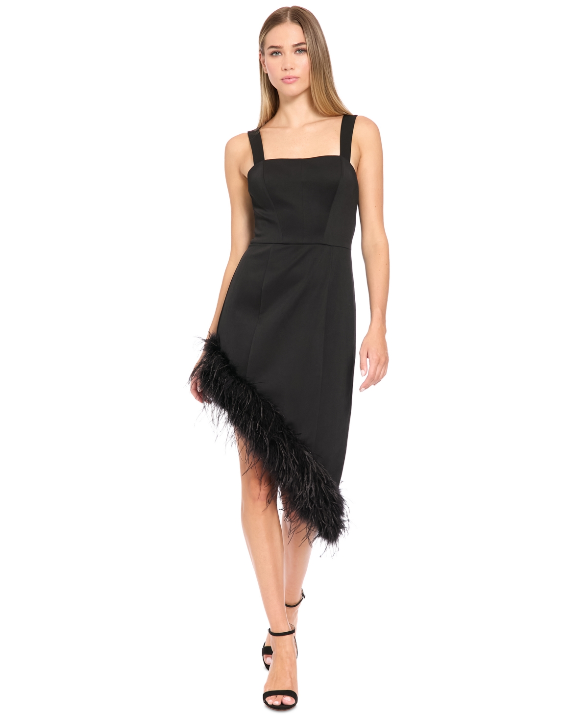 Donna Morgan Women’s Mini Asymmetrical Feather-Trim Dress – Black Donna Morgan Women’s Mini Asymmetrical Feather-Trim Dress – Black