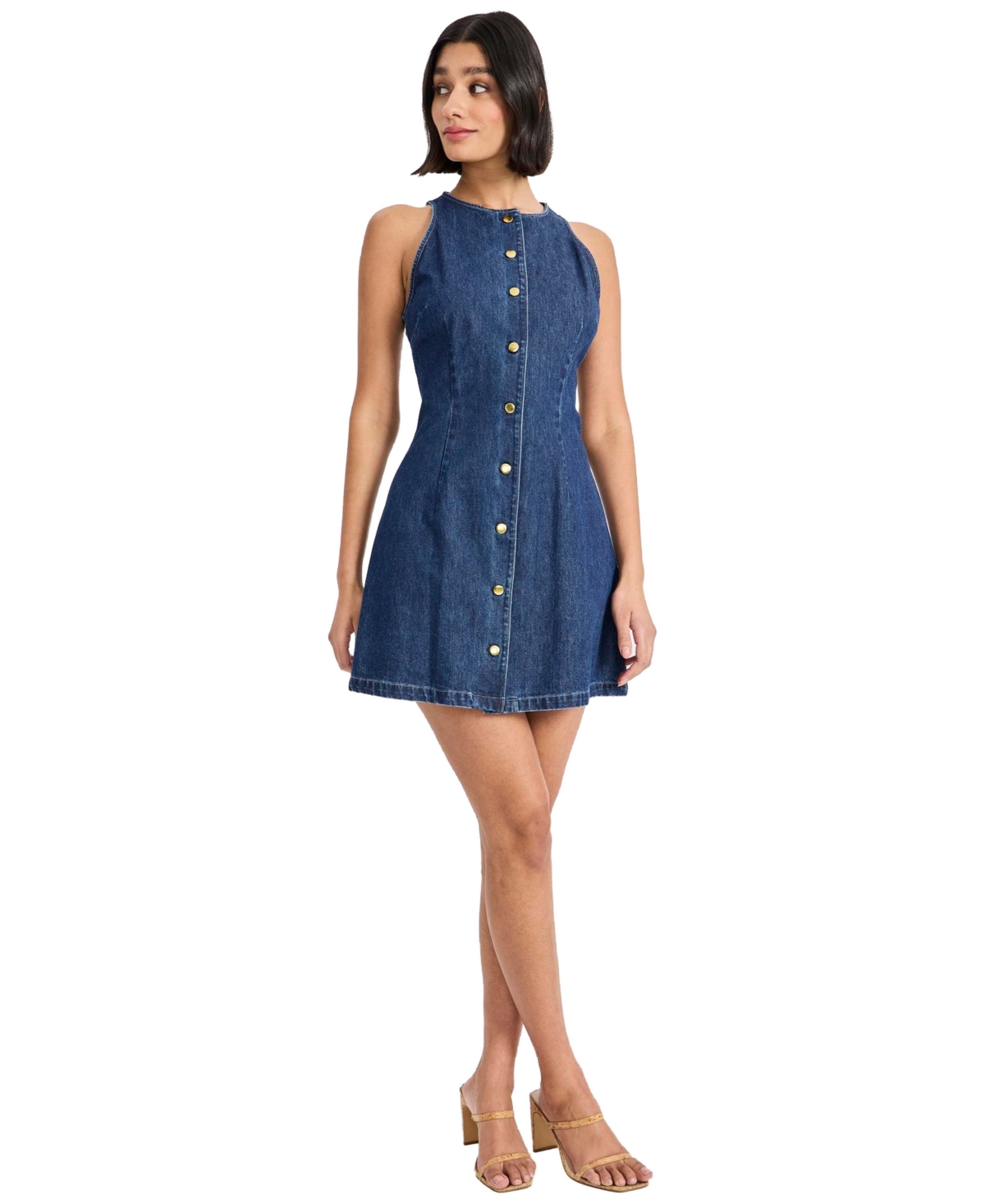 Donna Morgan Women’s Sleeveless Crewneck Button-Front Mini Dress – Mid Wash Donna Morgan Women’s Sleeveless Crewneck Button-Front Mini Dress – Mid Wash