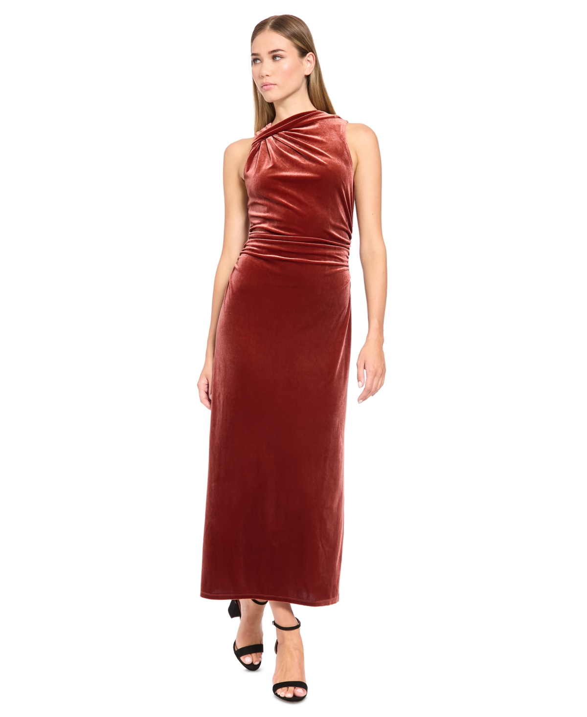 Donna Morgan Women’s Velvet Knot Shoulder Midi Dress – Fired Brick Donna Morgan Women’s Velvet Knot Shoulder Midi Dress – Fired Brick