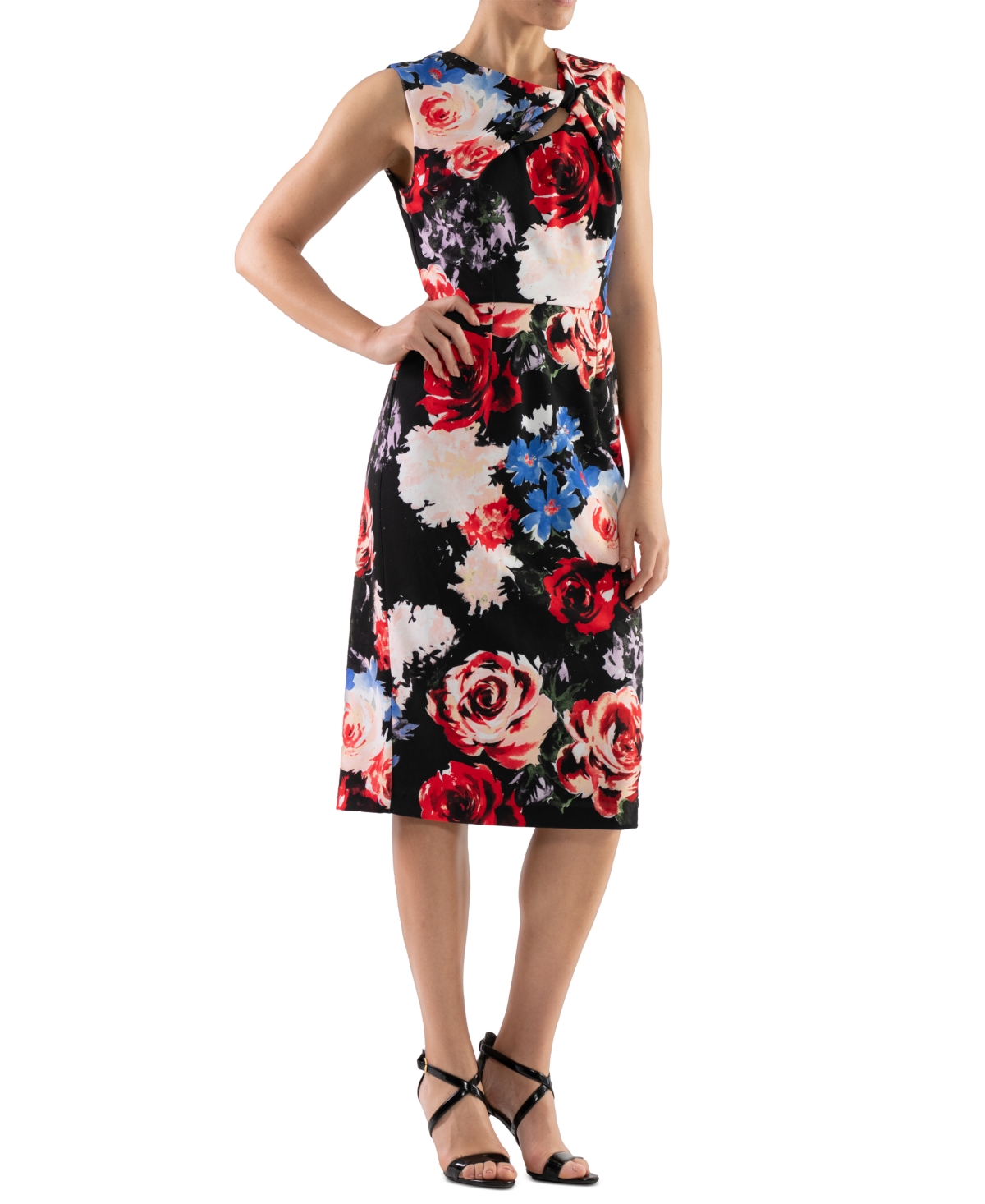 Donna Ricco Women’s Floral-Print Twist-Front Sheath Dress – Blk Multi