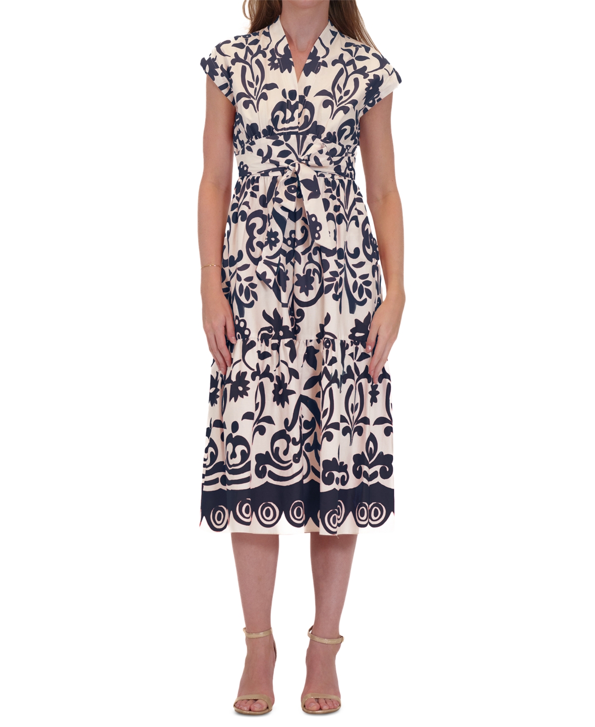 Donna Ricco Women’s Printed Belted Fit & Flare Dress – Navy/ivory