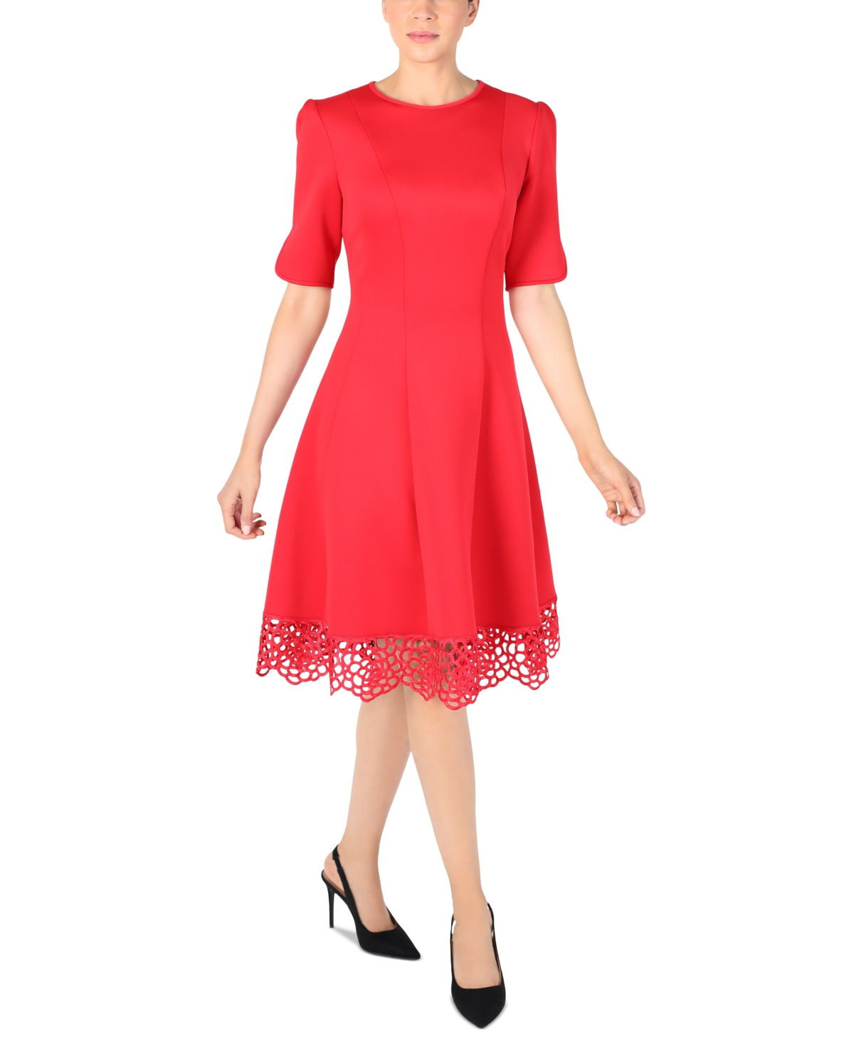 Donna Rico Women’s Elbow-Sleeve Lace-Hem Knit Dress – Red Donna Rico Women’s Elbow-Sleeve Lace-Hem Knit Dress – Red