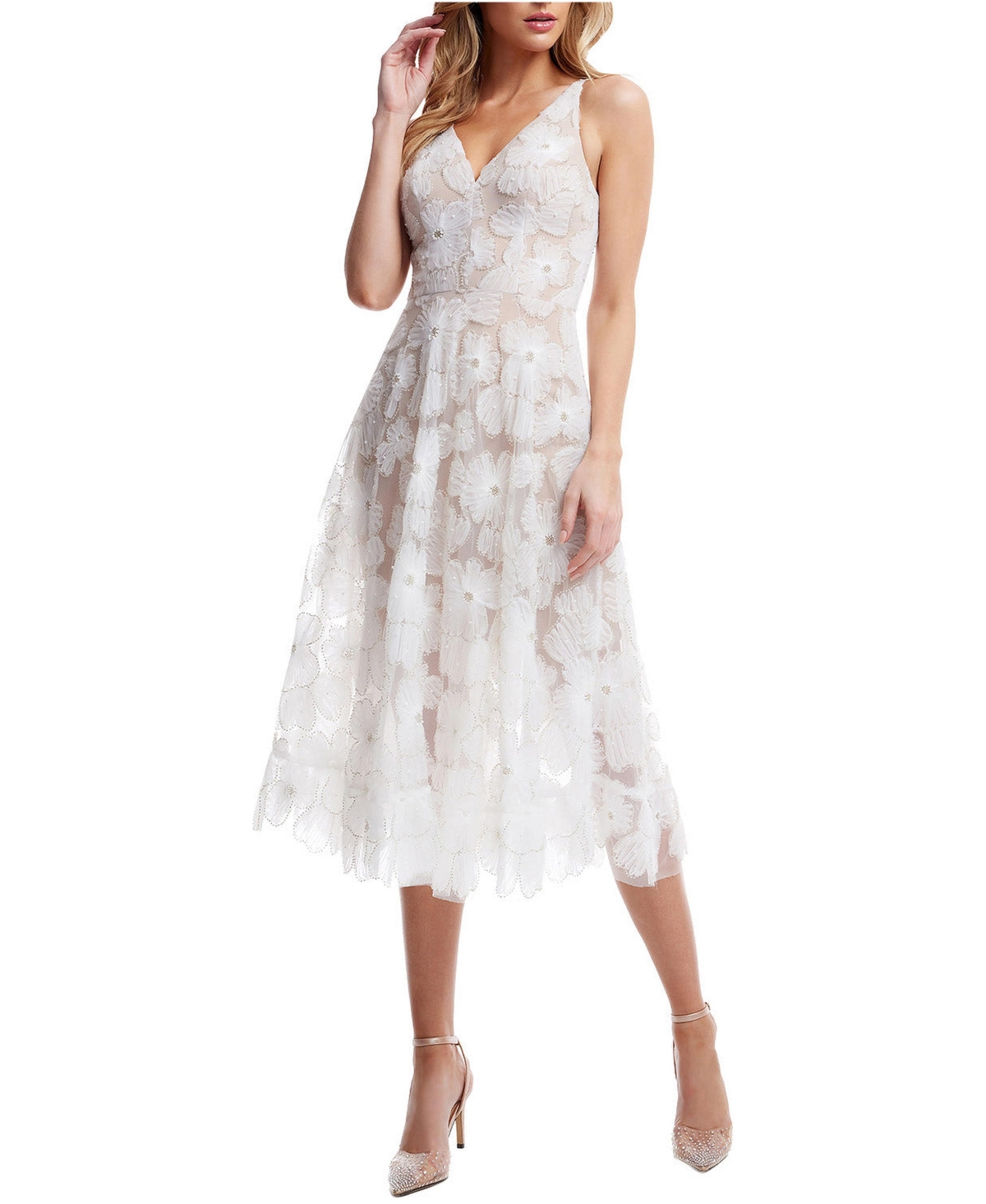 Dress The Population Women’s Blair V-Neck 3D Floral Embroidered Fit and Flare Dress – White-nude