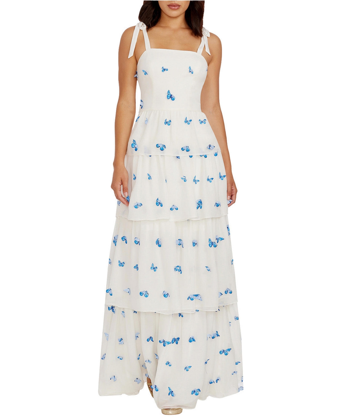Dress The Population Women’s Monica Square Neck Tiered Floral Maxi Dress – White-blue Dress The Population Women’s Monica Square Neck Tiered Floral Maxi Dress – White-blue