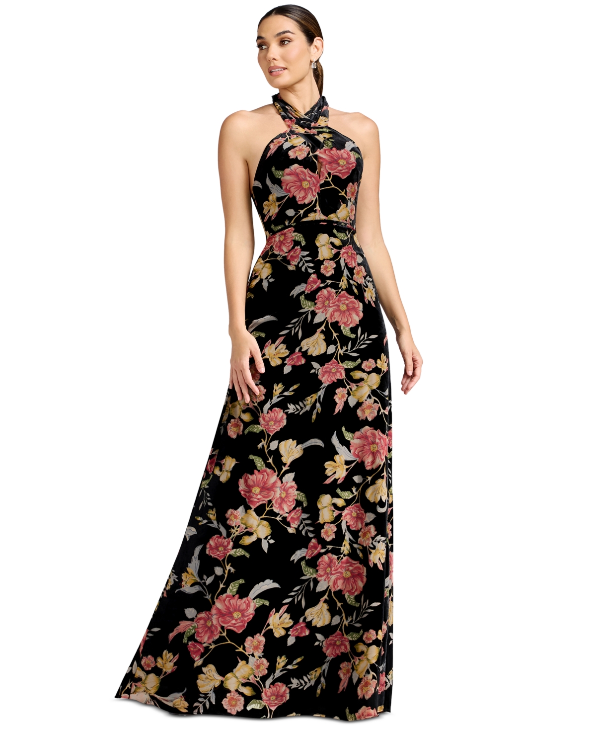 Dress the Population Women’s Halter Column Floral Dress – Black Multi
