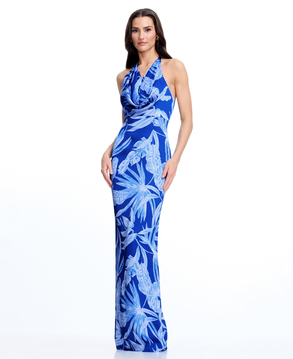 Dress the Population Women’s Halter Cowl Neck Column Maxi Dress – Navy Multi
