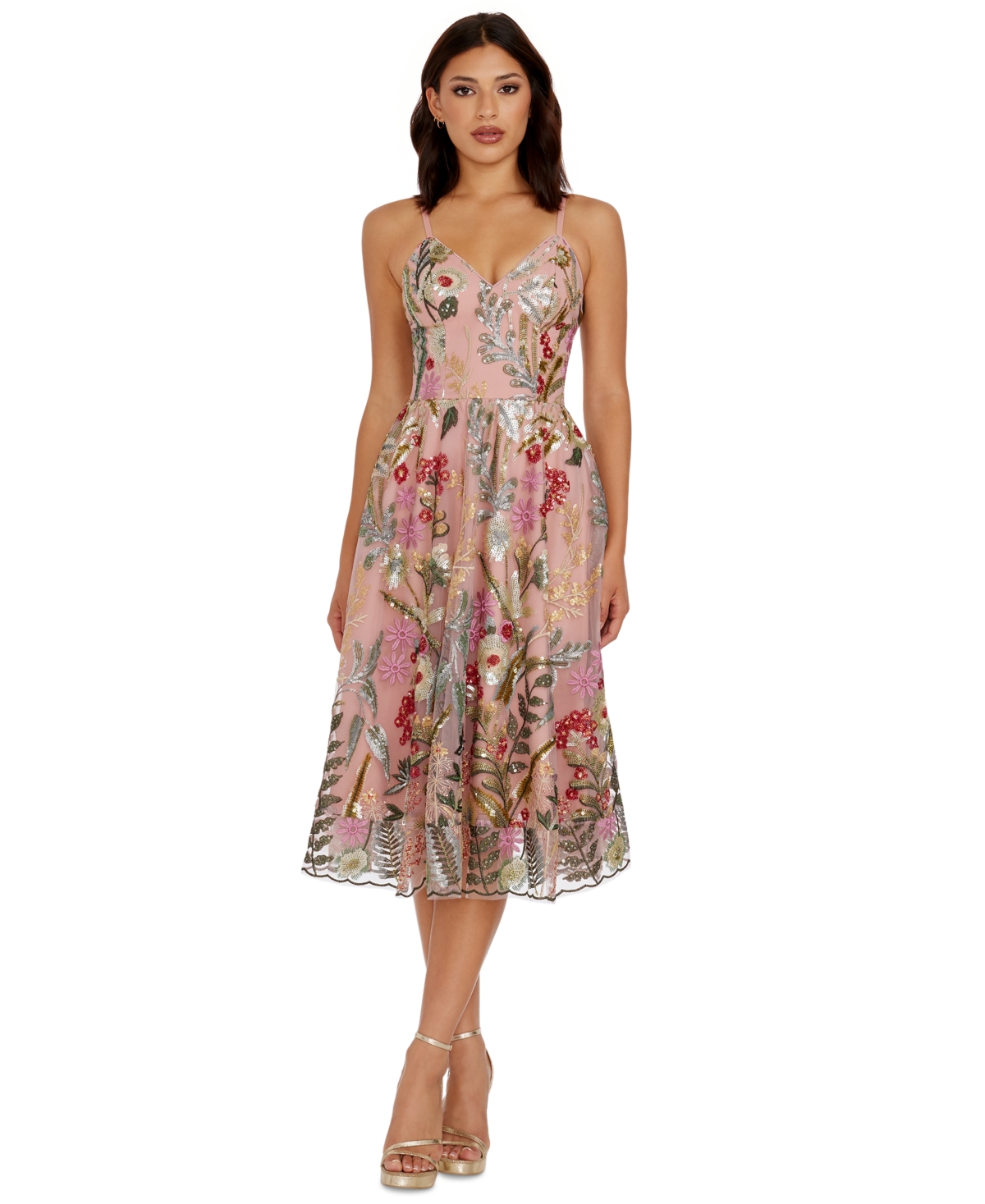 Dress the Population Women’s Maren Sleeveless V-Neck Midi Dress – Blush Multi Dress the Population Women’s Maren Sleeveless V-Neck Midi Dress – Blush Multi
