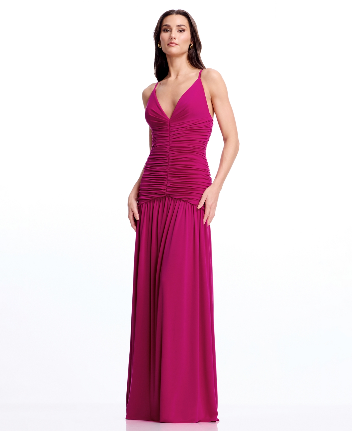 Dress the Population Women’s Sleeveless Deep V-Neck Ruched Maxi Dress – Dark Fuchs