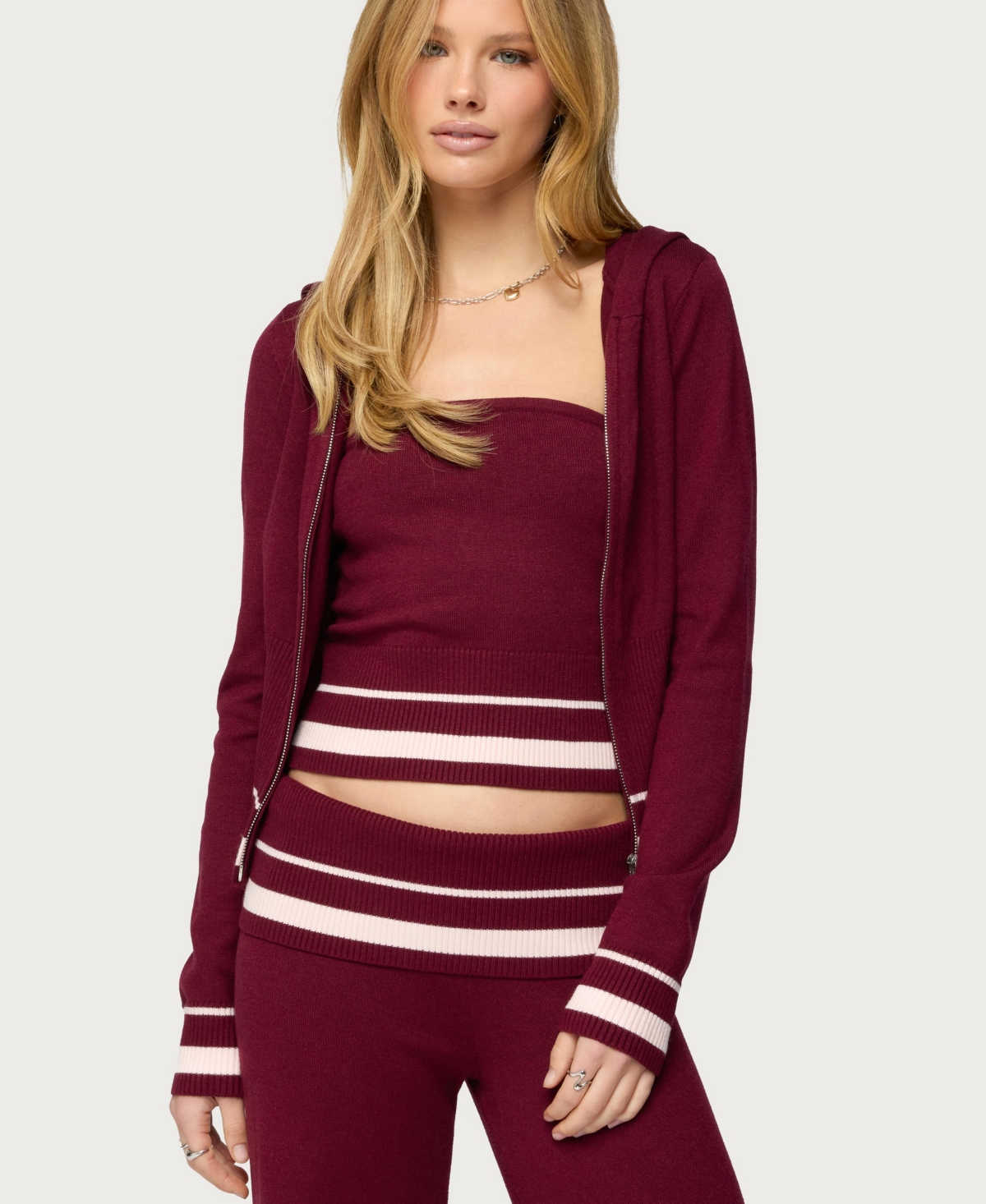 Edikted Women’s Kaliya Stripey Knit Zip Up Hoodie – Burgundy Edikted Women’s Kaliya Stripey Knit Zip Up Hoodie – Burgundy