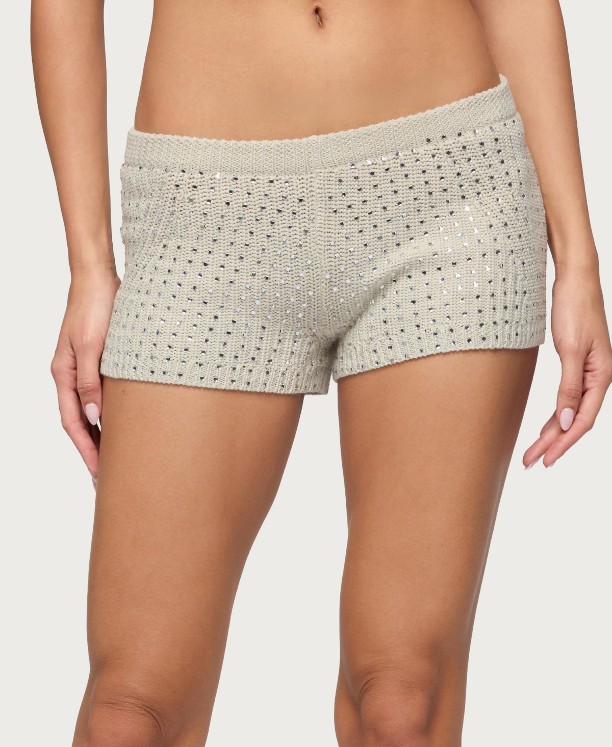 Edikted Women’s Mackenzie Rhinestone Knit Shorts – Beige
