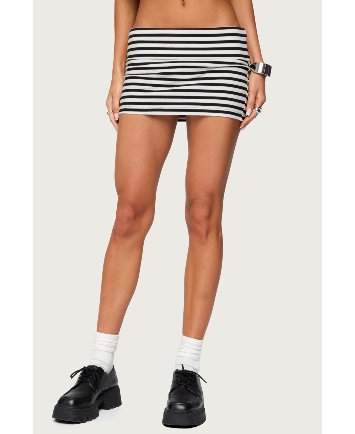 Edikted Womens Rylan Striped Fold Over Mini Skort – Black-and-white Edikted Womens Rylan Striped Fold Over Mini Skort – Black-and-white