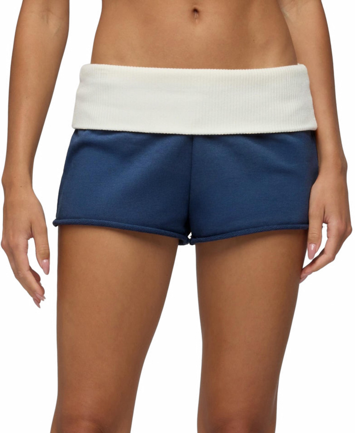 Edikted Women’s Stevie French-Terry Foldover-Waistband Low-Rise Shorts, 2″ Inseam – Navy-and-cream Edikted Women’s Stevie French-Terry Foldover-Waistband Low-Rise Shorts, 2″ Inseam – Navy-and-cream