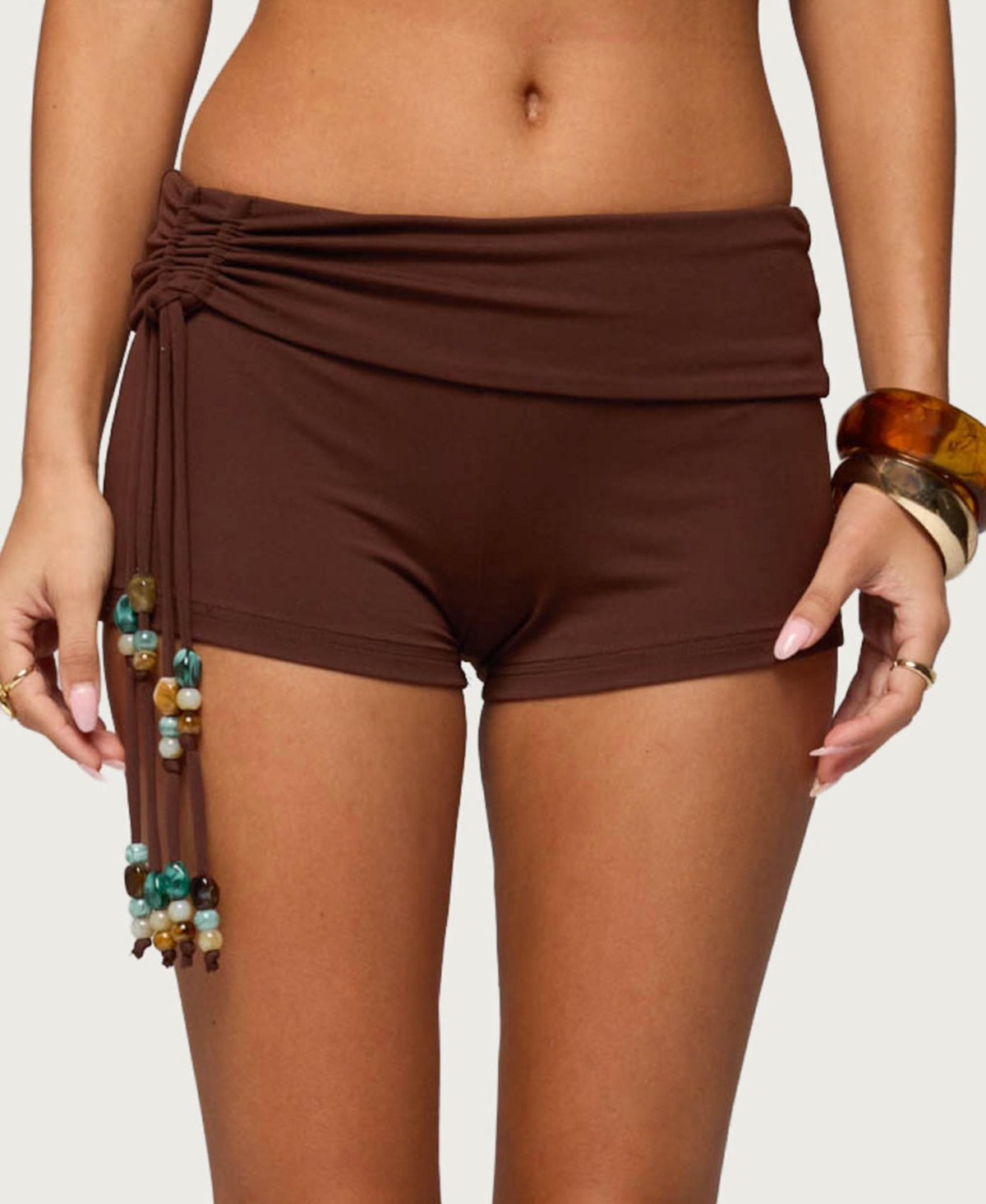 Edikted Women’s Thia Ruched Bead Foldover Shorts – Dark-brown Edikted Women’s Thia Ruched Bead Foldover Shorts – Dark-brown