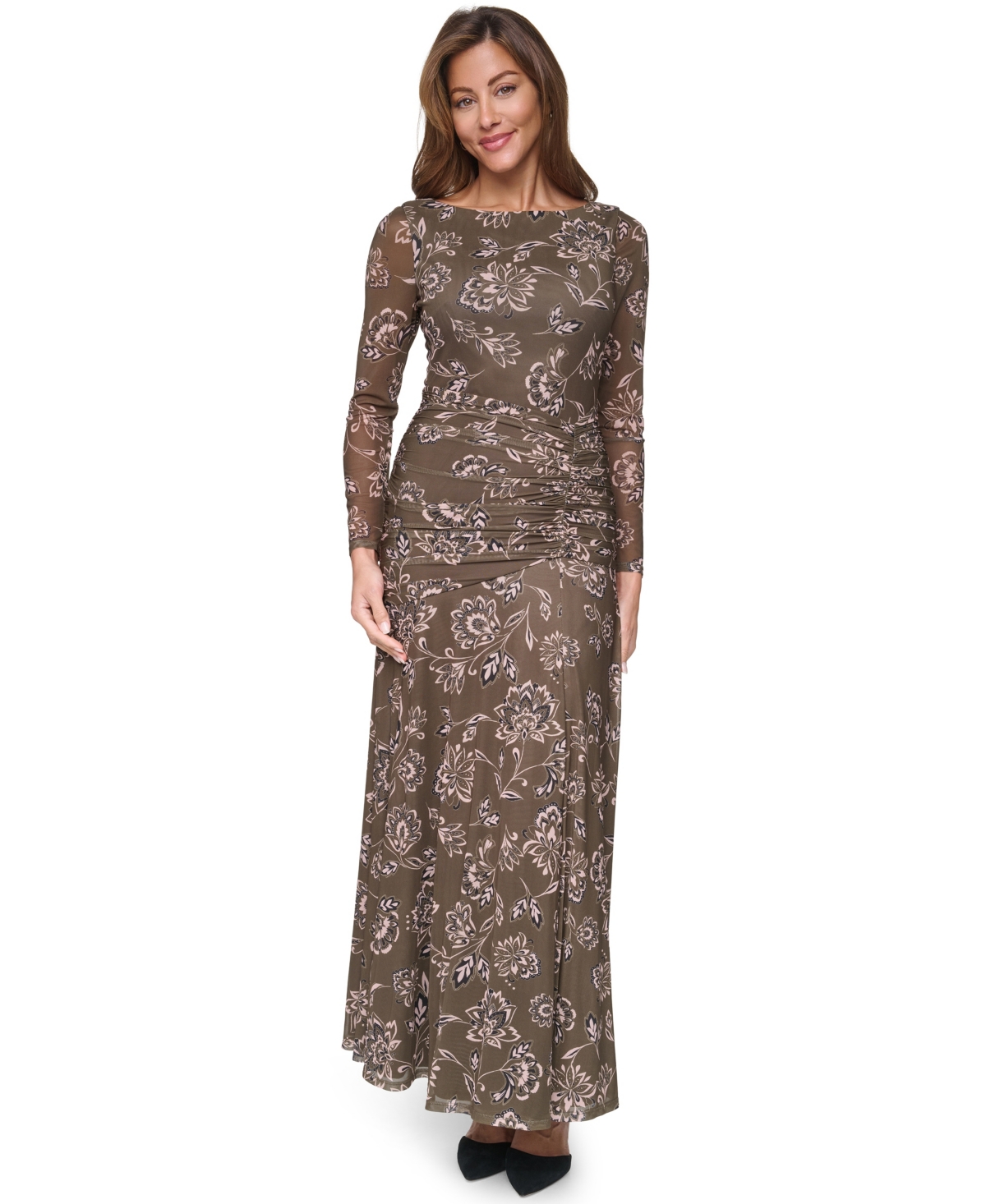 Eliza J Women’s Extended Cap Long-Sleeve Floral Dress – Olive