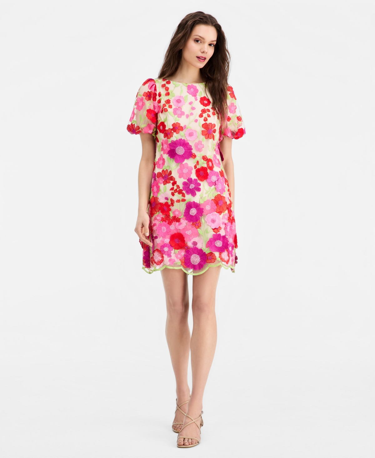 Eliza J Women’s Floral-Embroidered Puff-Sleeve Dress – Pink