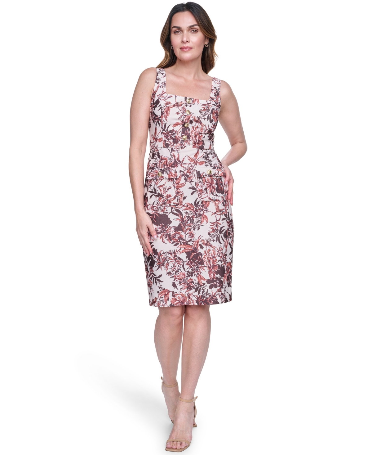 Eliza J Women’s Sleeveless Square Neck Button-Down Sheath Dress – Brown