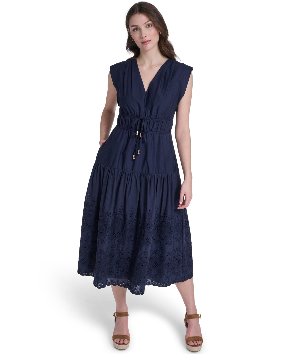 Eliza J Women’s V-Neck Tiered Midi Dress – Navy Eliza J Women’s V-Neck Tiered Midi Dress – Navy
