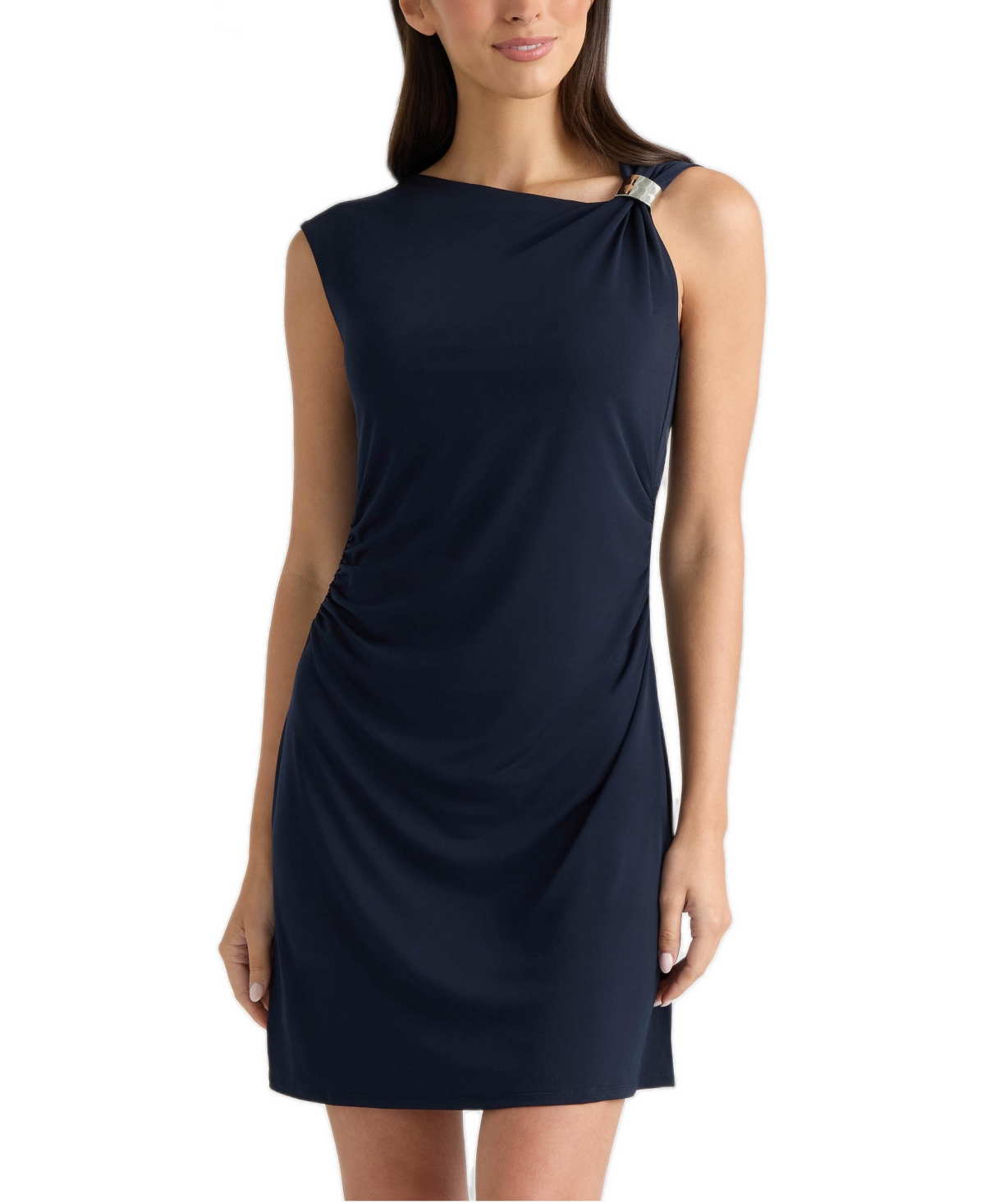 Ellen Tracy Women’s Asymmetrical Neckline Knit Mini Dress – Navy