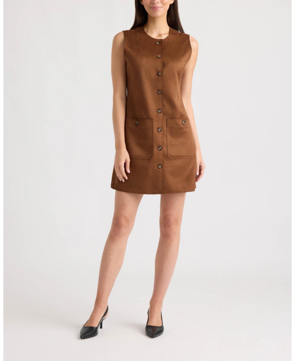 Ellen Tracy Women’s Button-Front Sleeveless Mini Faux-Suede Dress – Dark tan