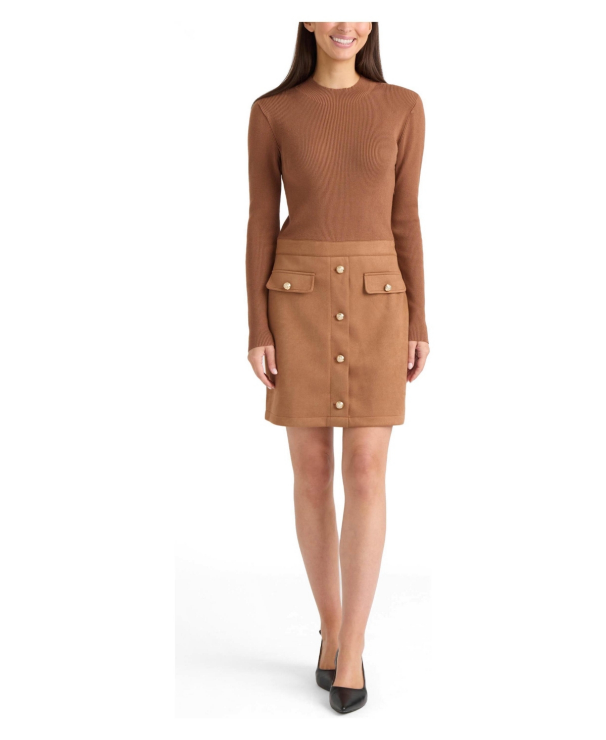 Ellen Tracy Women’s Long-Sleeve Mock-Neckline Ribbed-Knit Dress – Dark camel