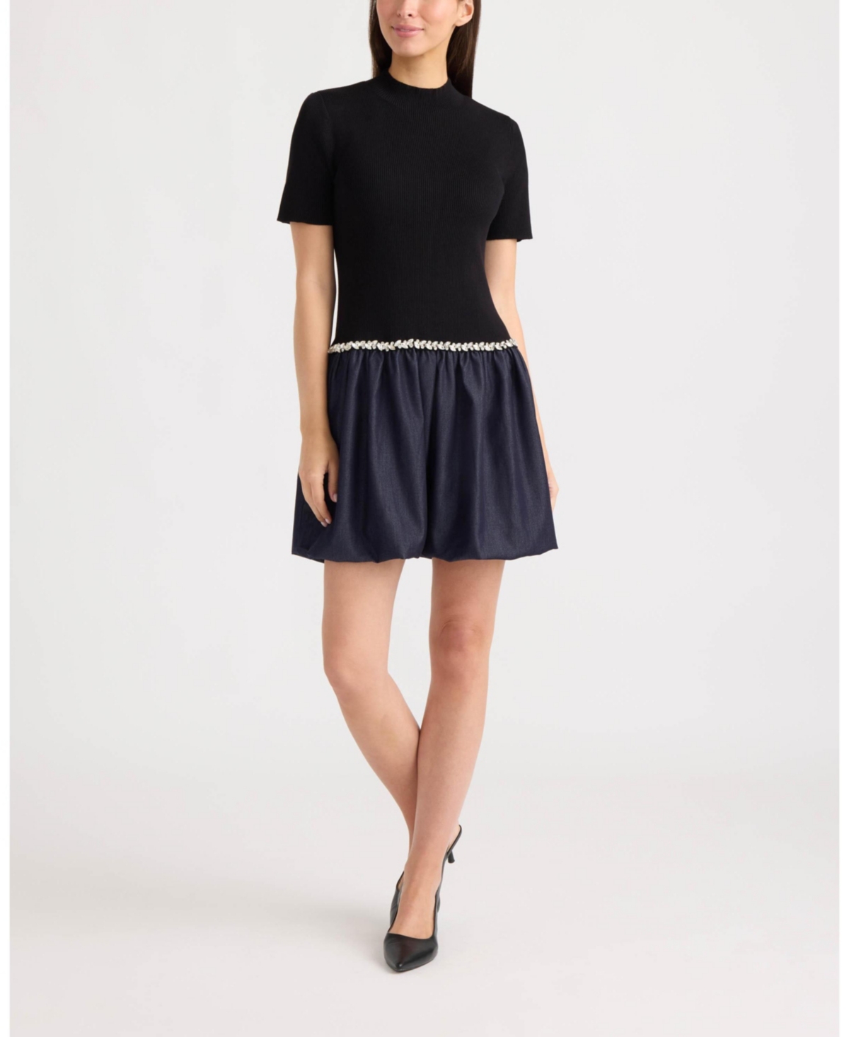 Ellen Tracy Women’s Twofer Mock Neck Short Sleeve Bubble Skirt Mini Dress – Black/dark denim