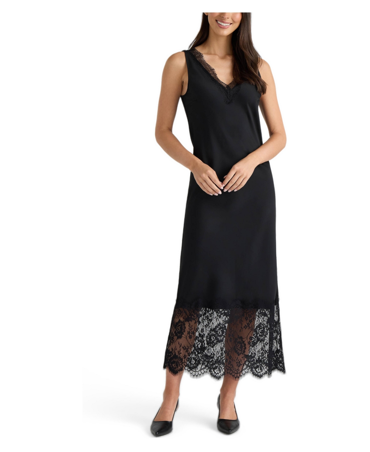 Ellen Tracy Women’s V-Neck Lace-Trimmed Midi Dress – Black Ellen Tracy Women’s V-Neck Lace-Trimmed Midi Dress – Black