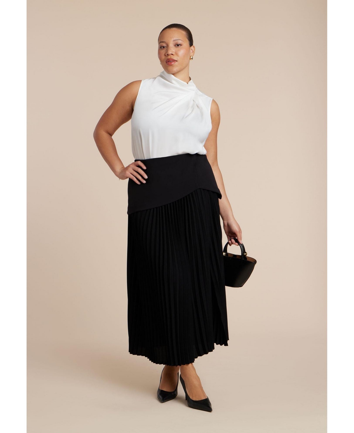 Eloquii Women’s Mixed Media Pleated Skirt – Black onyx Eloquii Women’s Mixed Media Pleated Skirt – Black onyx