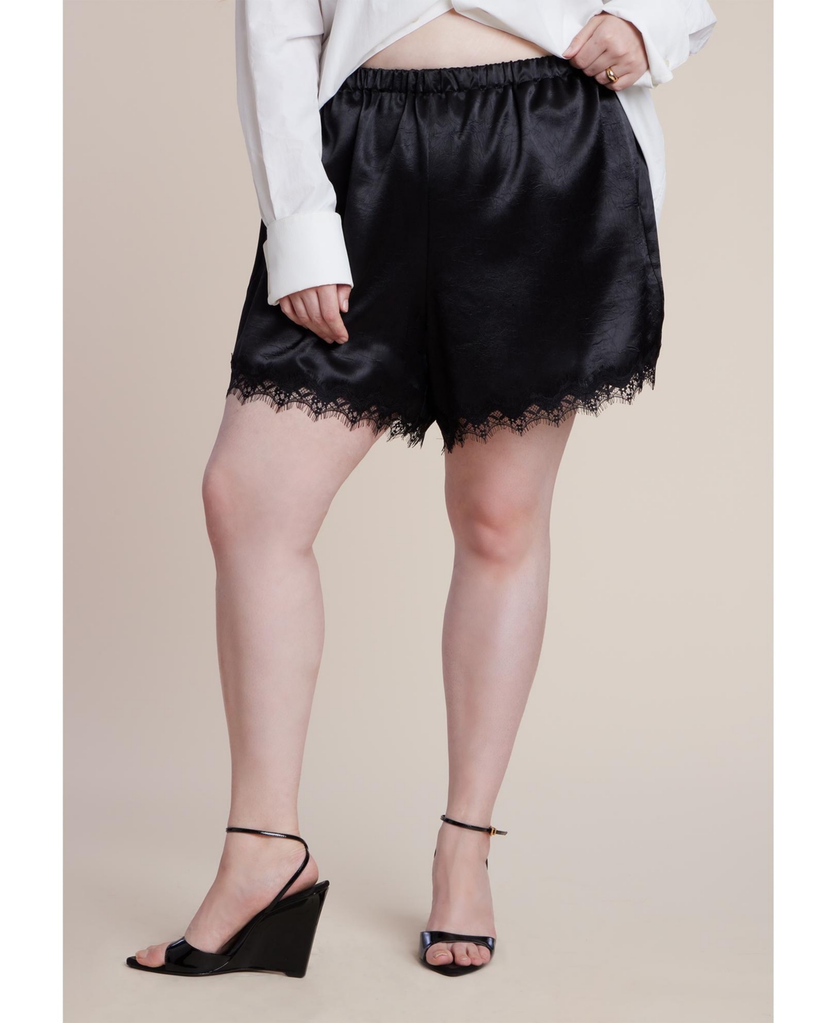Eloquii Women’s Satin Lace Trim Short – Black onyx