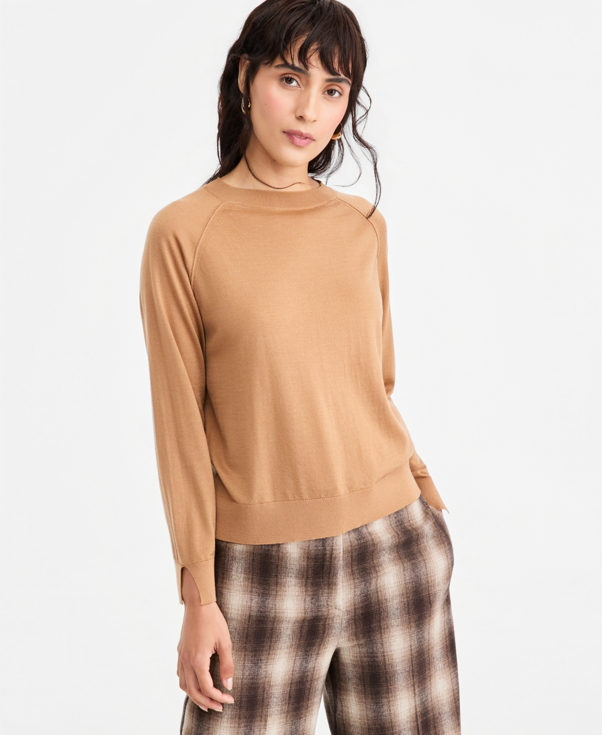 Emme Marella Women’s Crewneck Raglan-Sleeve Wool Sweater – Camel