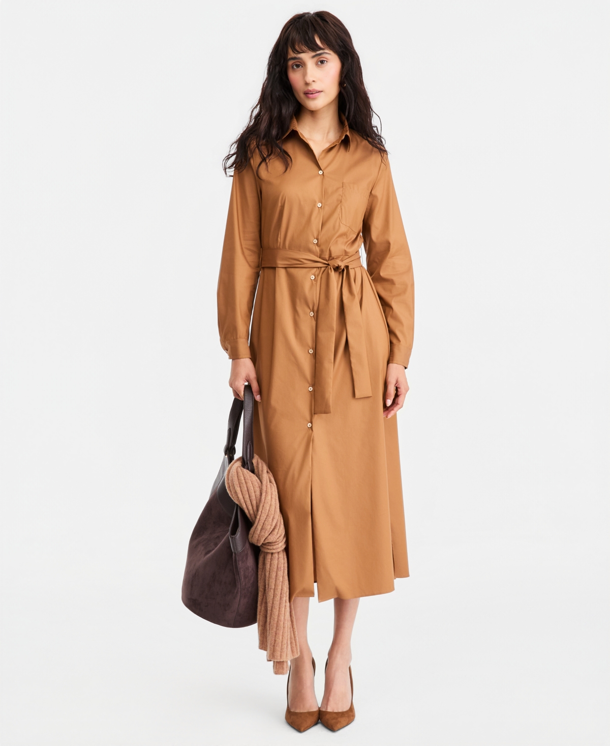 Emme Marella Women’s Emmdischi Long-Sleeve Midi Collared Dress – Cognac
