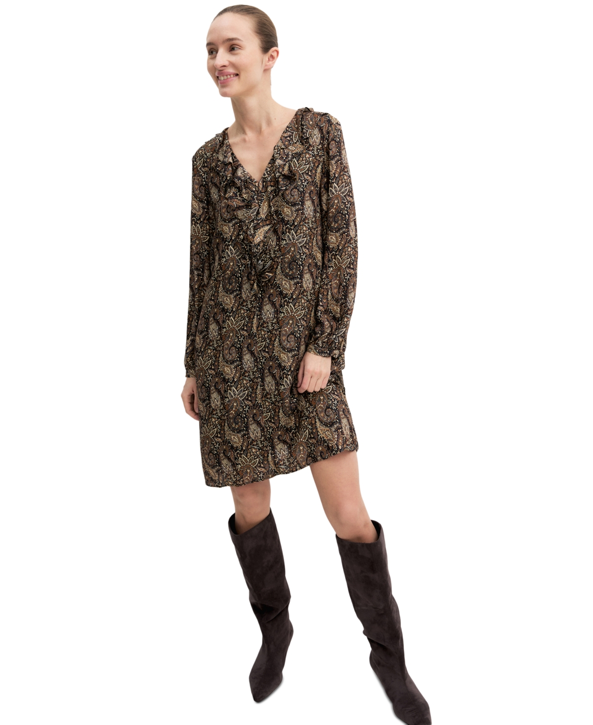 Emme Marella Women’s Emmfebe Long-Sleeve Ruffle Paisley-Print Dress – Black Floral Emme Marella Women’s Emmfebe Long-Sleeve Ruffle Paisley-Print Dress – Black Floral