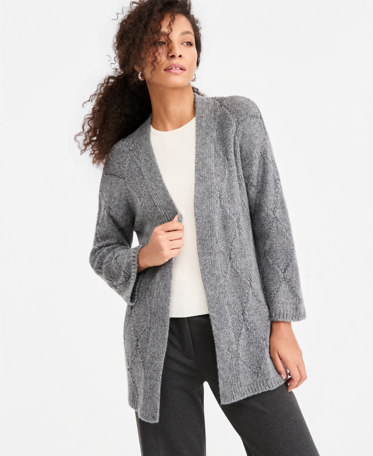 Emme Marella Women’s Emmmoli Oversized Sequin-Adorned Shawl-Collar Cardigan – Melange Dark Emme Marella Women’s Emmmoli Oversized Sequin-Adorned Shawl-Collar Cardigan – Melange Dark