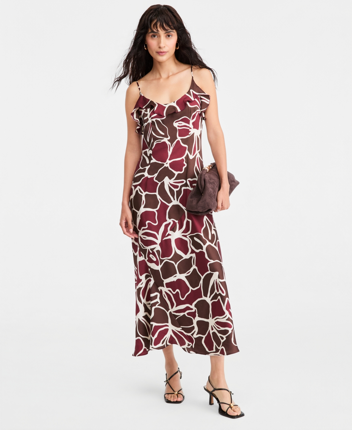 Emme Marella Women’s Emmottuso Floral-Print Ruffled Midi Dress – Brown Floral Emme Marella Women’s Emmottuso Floral-Print Ruffled Midi Dress – Brown Floral