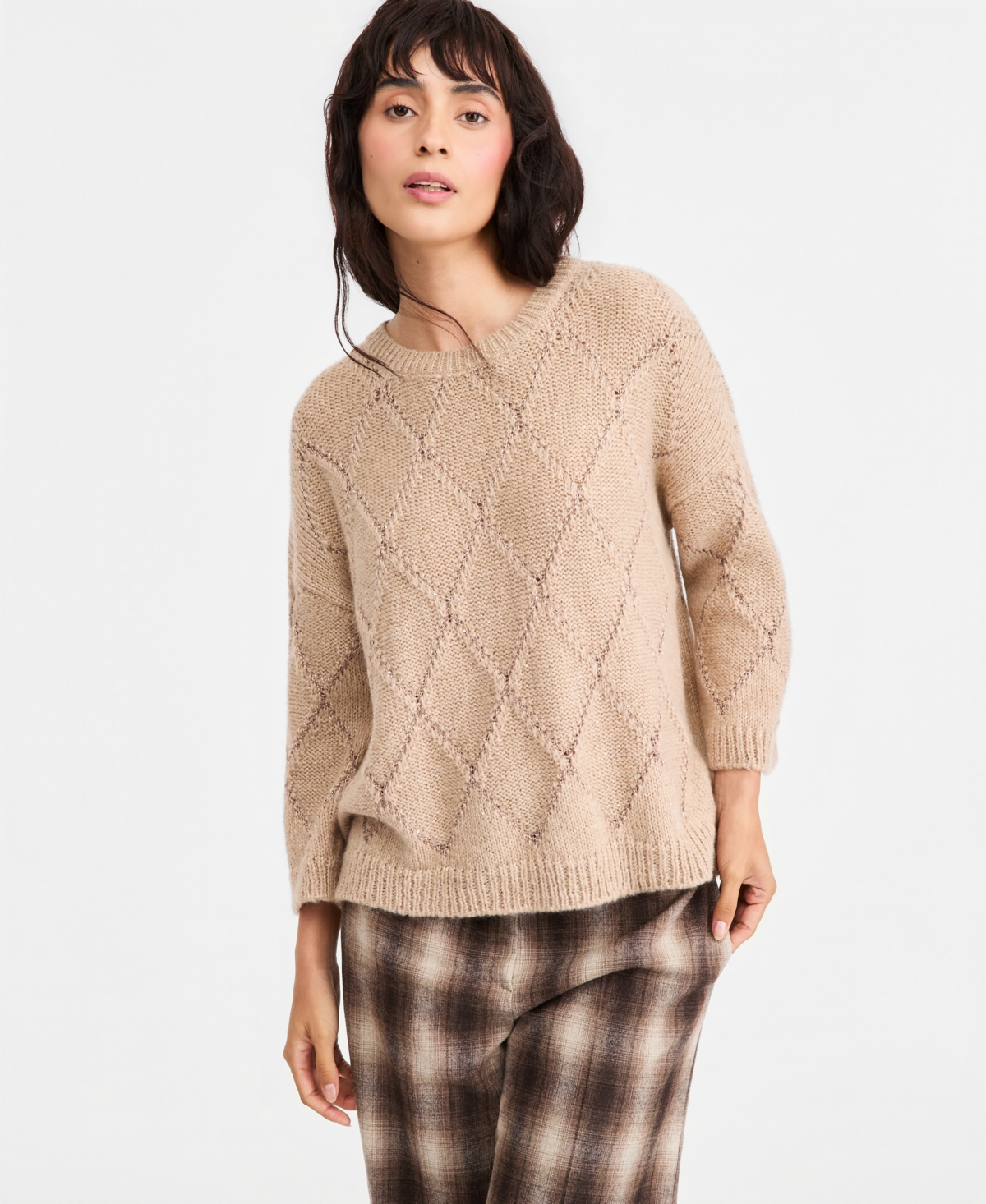 Emme Marella Women’s Sequin-Embellished Diamond-Pattern Crewneck Sweater – Beige