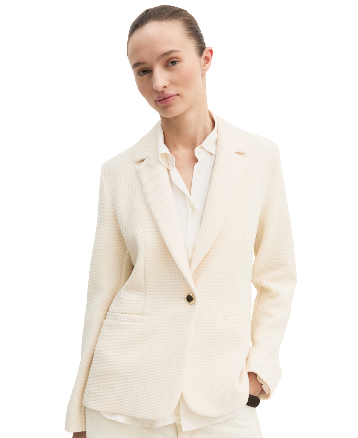 Emme Marella Women’s Stretch Basketweave Notch Lapel Collar Fitted Jacket – Wool White