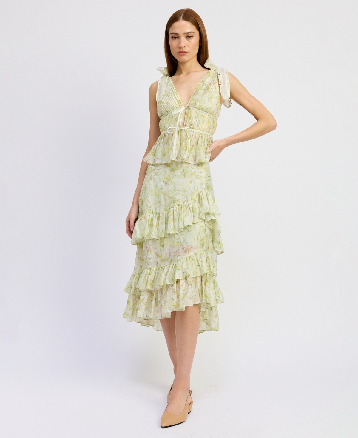 En Saison Women’s Claire Ruffled Tiered A-Line Midi Skirt – Sage Yellow En Saison Women’s Claire Ruffled Tiered A-Line Midi Skirt – Sage Yellow