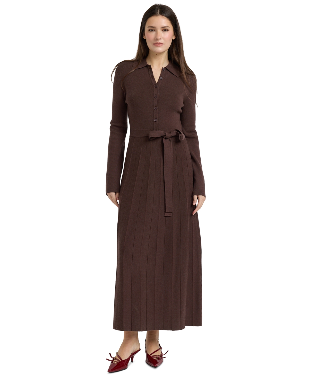 En Saison Women’s Collared Button-Front Tie-Waist Pleated Knit Maxi Dress – Brown