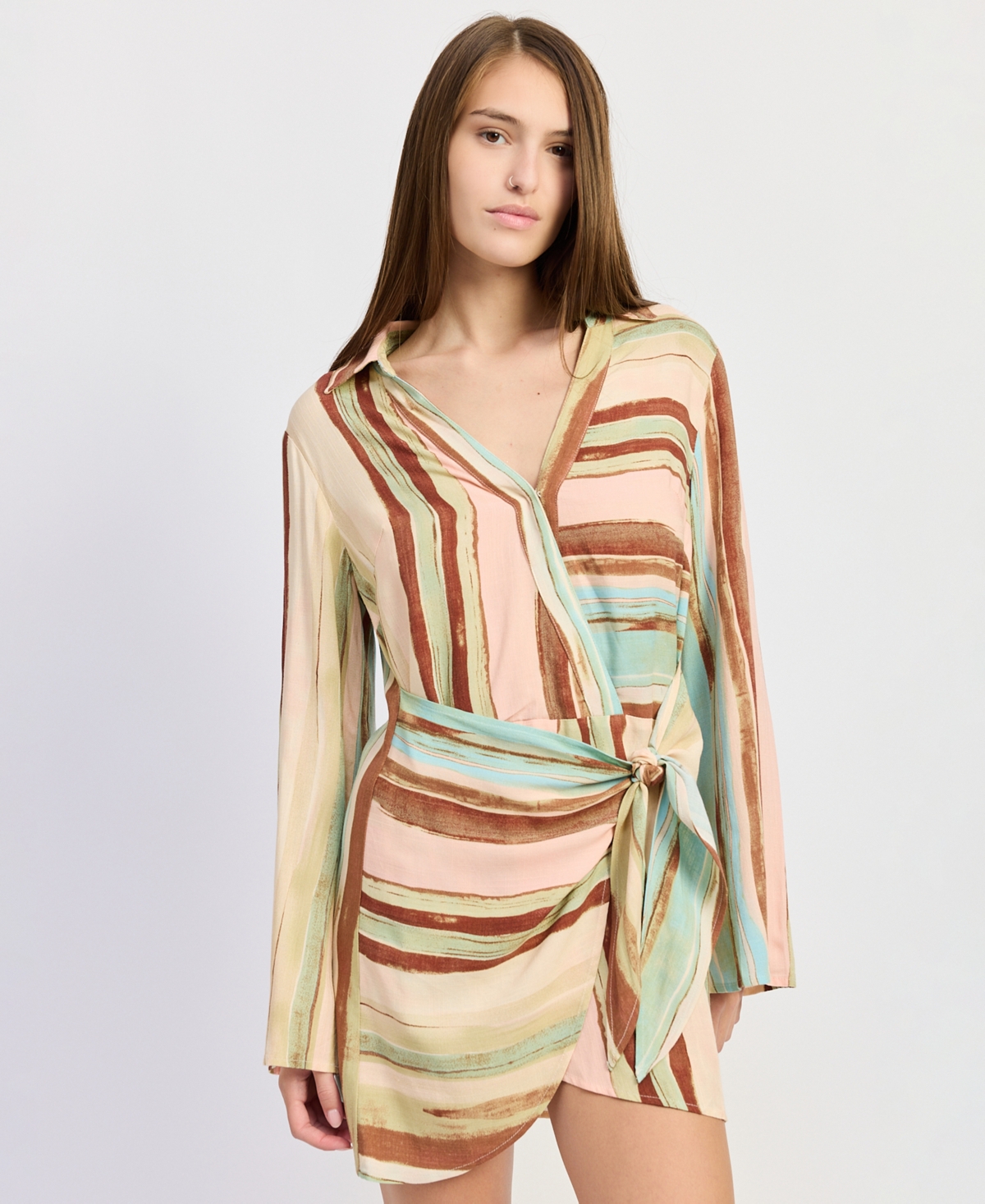En Saison Women’s Lana Long-Sleeve Mini Dress – Blush Brown Blue