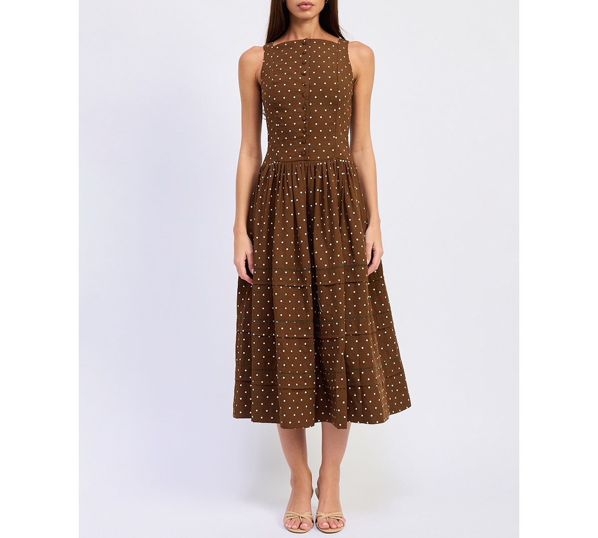 En Saison Women’s Stella Polka Dot Sleeveless Midi Dress – Brown Ivory