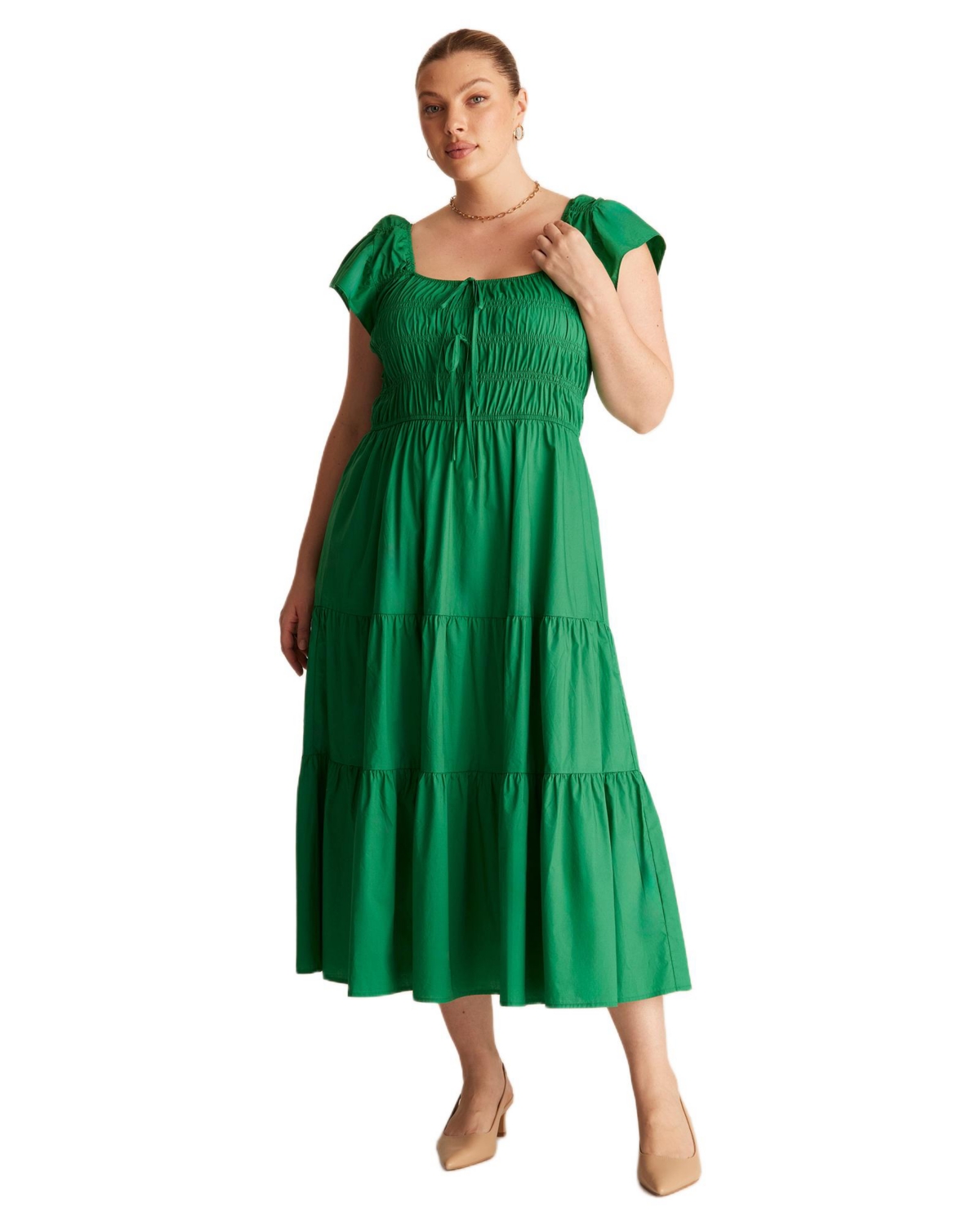 Estelle Women’s Alana Cotton Tiered Fit Flare Midi Dress – Emerald Estelle Women’s Alana Cotton Tiered Fit Flare Midi Dress – Emerald