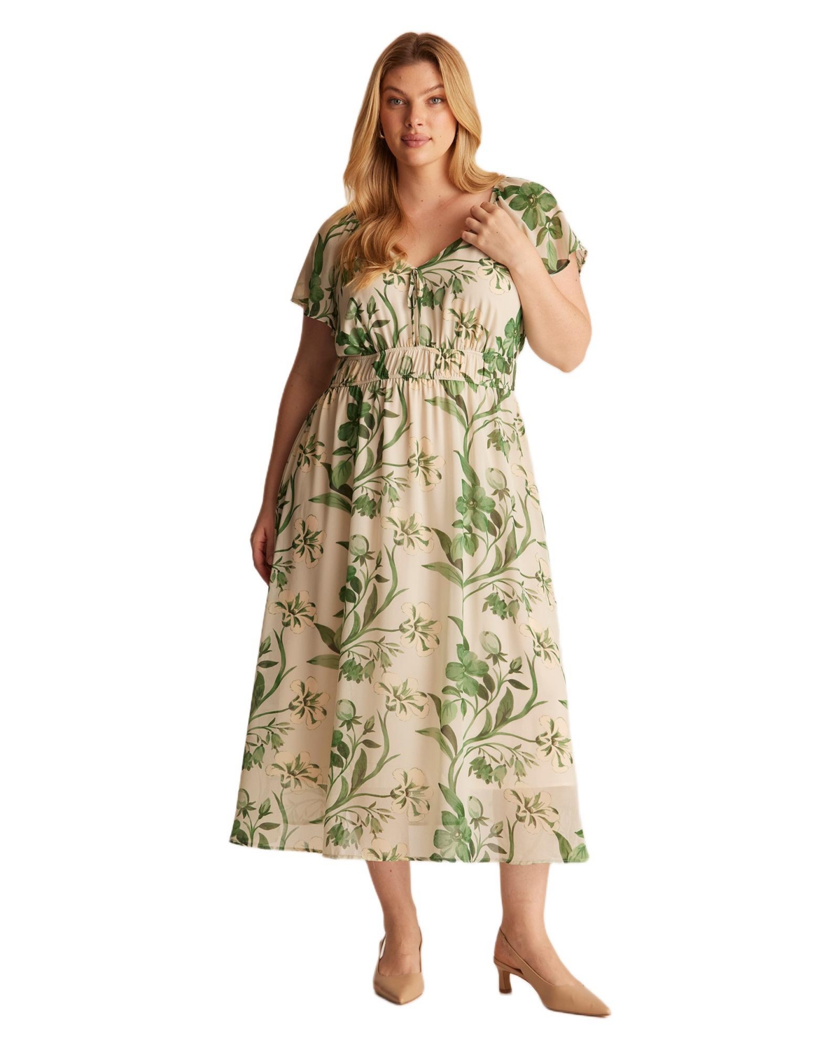 Estelle Women’s Anaya Petal Flutter Sleeve Summer Midi Dress – Cream/garden