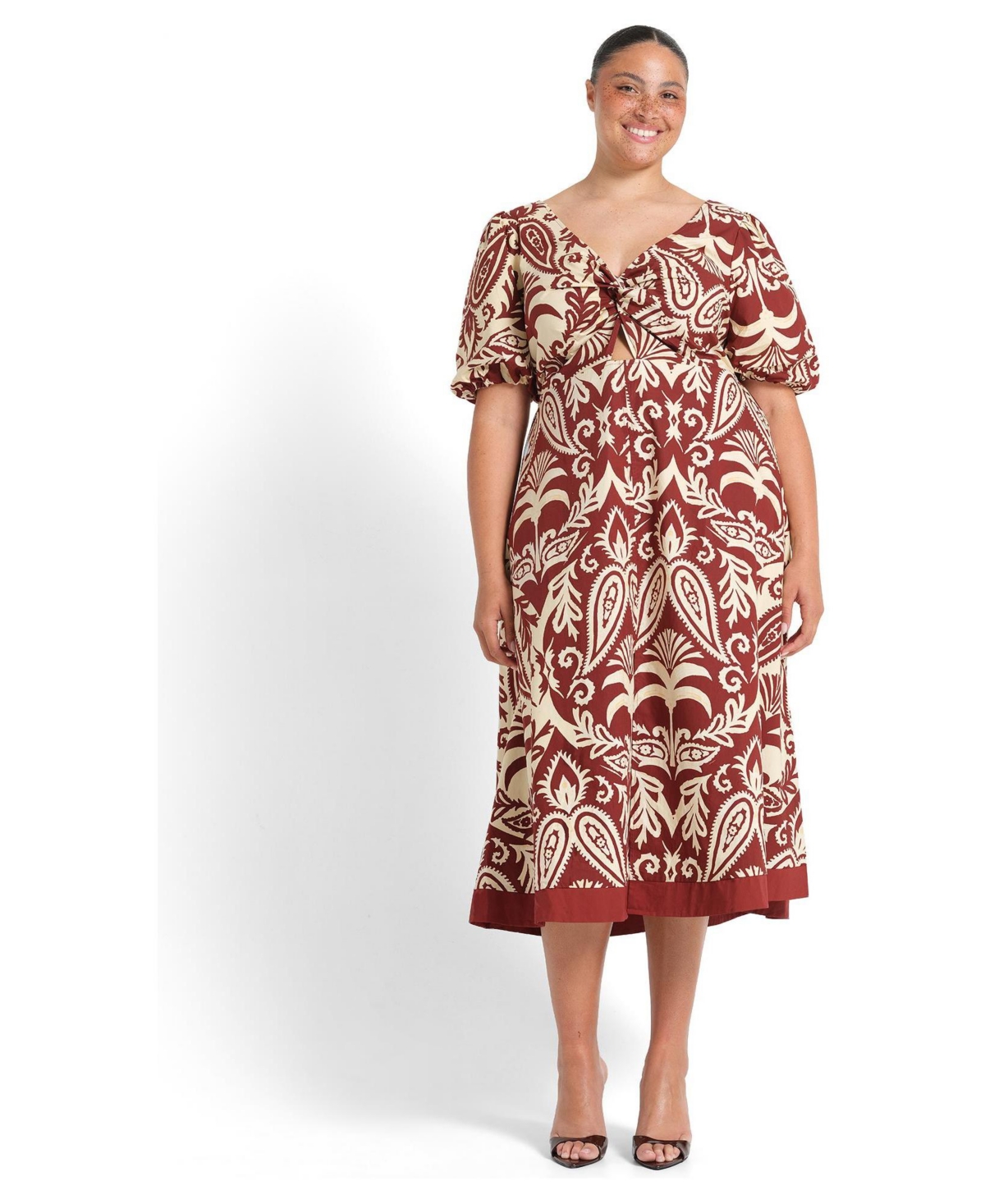 Estelle Women’s Aurela Cotton Print Twist Midi Dress – Terracotta Estelle Women’s Aurela Cotton Print Twist Midi Dress – Terracotta