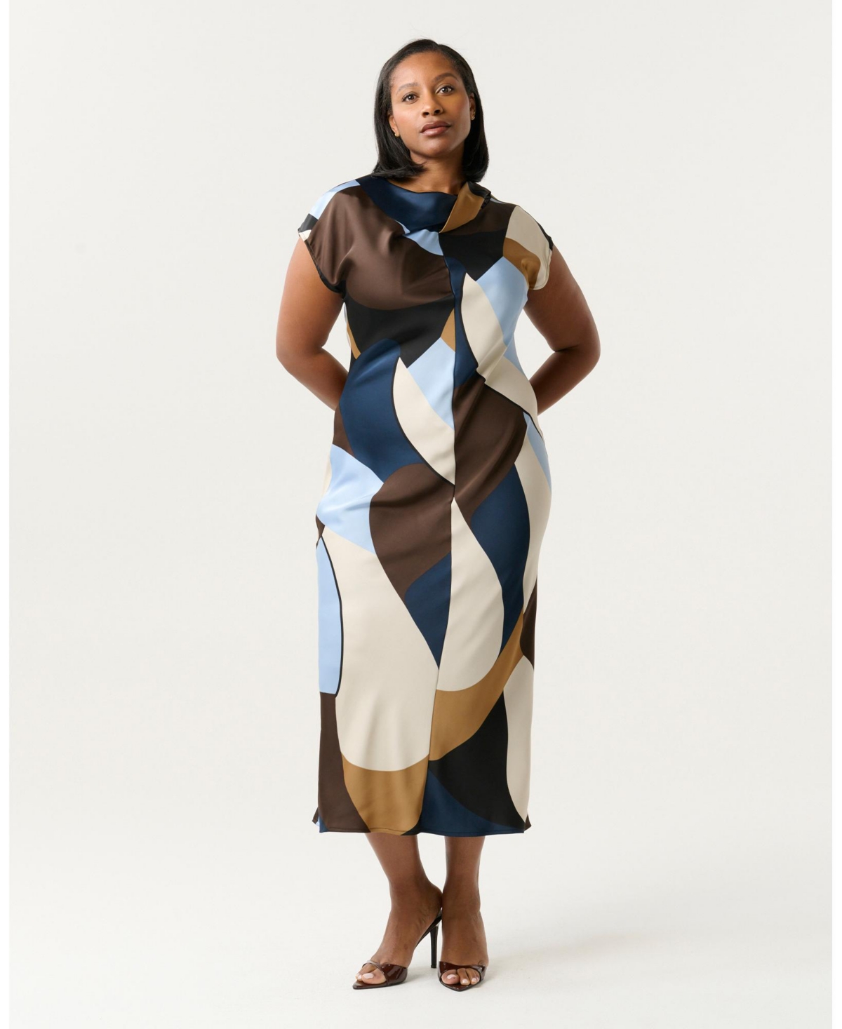 Estelle Women’s Jorja Twist-Neck Print Satin Sheath Midi Dress – Geo tides Estelle Women’s Jorja Twist-Neck Print Satin Sheath Midi Dress – Geo tides