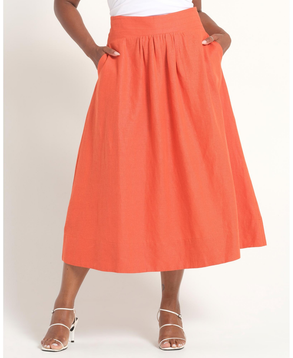 Estelle Women’s Kaia Linen Gathered A-Line Midi Skirt – Persimmon Estelle Women’s Kaia Linen Gathered A-Line Midi Skirt – Persimmon