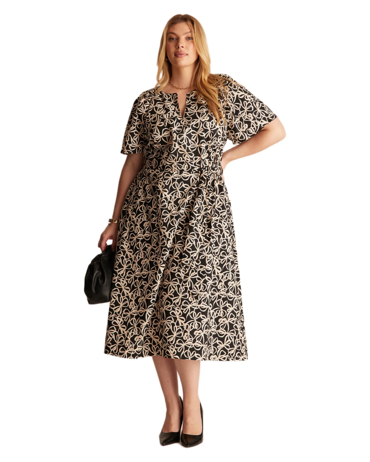 Estelle Women’s Noirette Cotton Print Belted Midi Dress – Black/cream