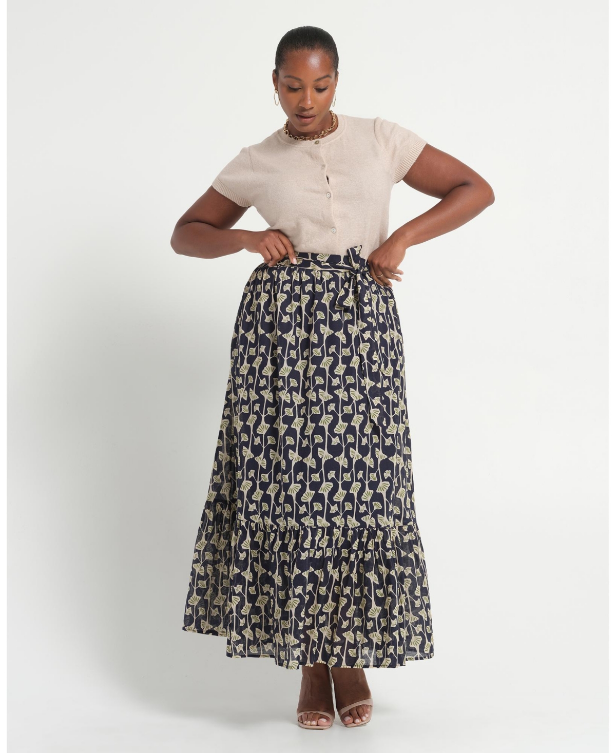 Estelle Women’s Sea Lily Print Tiered A-Line Midi Skirt – Navy
