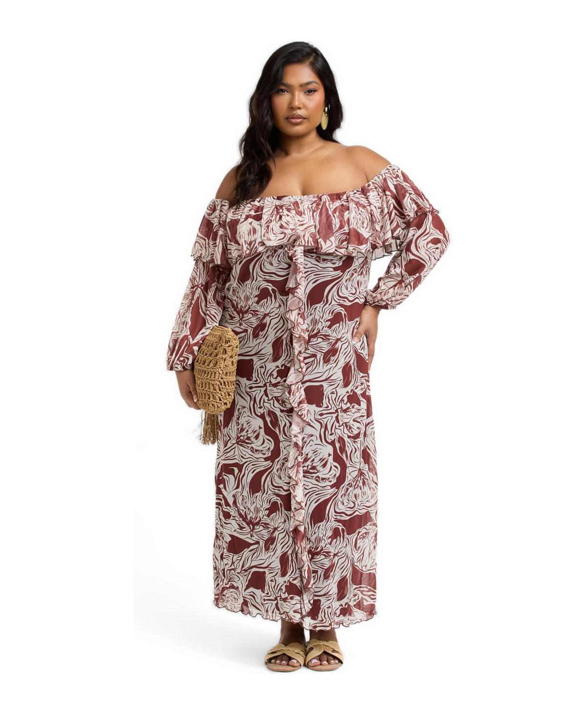 Fashion-szn Curve Women’s Curve Ruffle Bardot Midaxi Dress – Brown Fashion-szn Curve Women’s Curve Ruffle Bardot Midaxi Dress – Brown