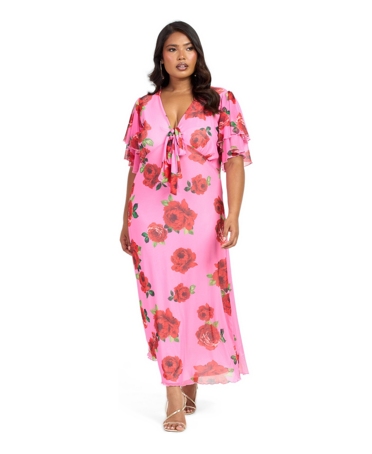 Fashion-szn Curve Women’s Flutter Sleeve Tie Front Midi Dress – Pink