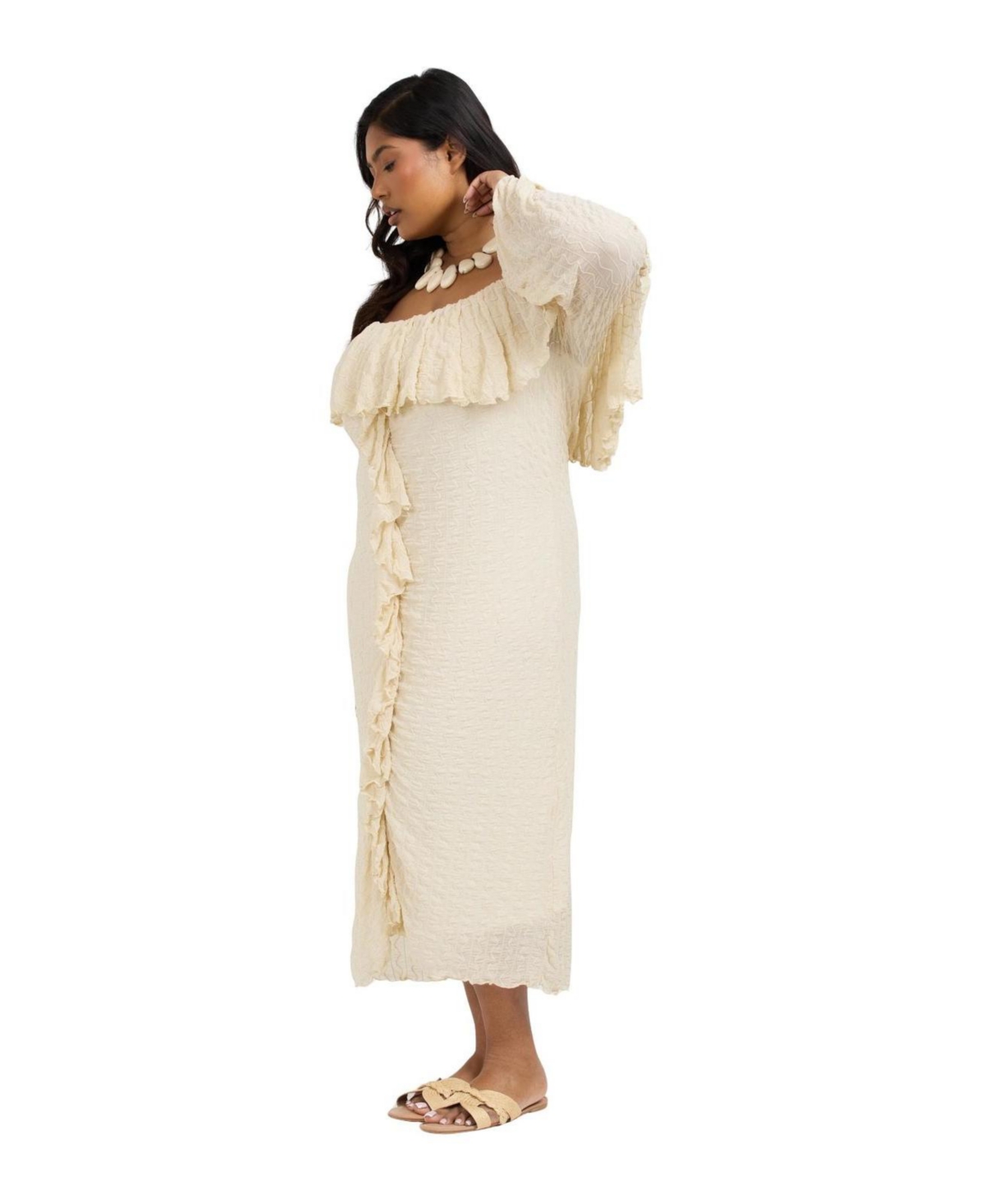 Fashion-szn Curve Women’s Ruffle Bardot Dress – Beige Fashion-szn Curve Women’s Ruffle Bardot Dress – Beige