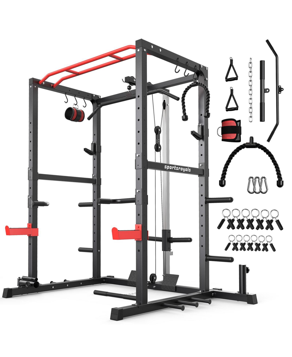 Fed Fitness 1200LBS Power Rack with Pulley System and Lat Pulldown, Multi-Functional Squat Rack Cage with J-Hooks for Home Gym – Red Fed Fitness 1200LBS Power Rack with Pulley System and Lat Pulldown, Multi-Functional Squat Rack Cage with J-Hooks for Home Gym – Red